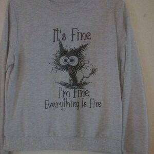 Gray Sweatshirt with Cartoon Cat Design and Fun Text